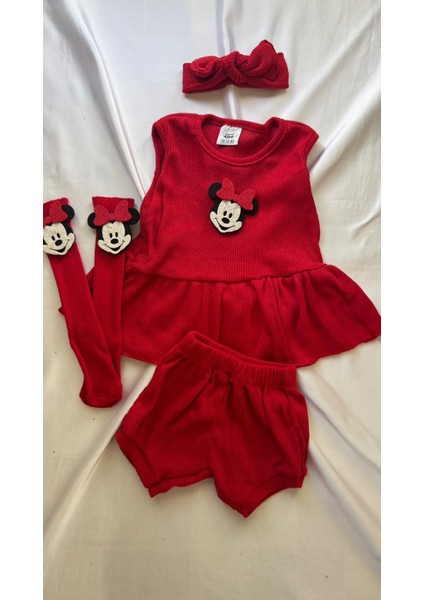 Kırmızı Ribana Çocuk Şort Bluz Bandana Miki Keçe Çorap Set -Bebek Hediyelik