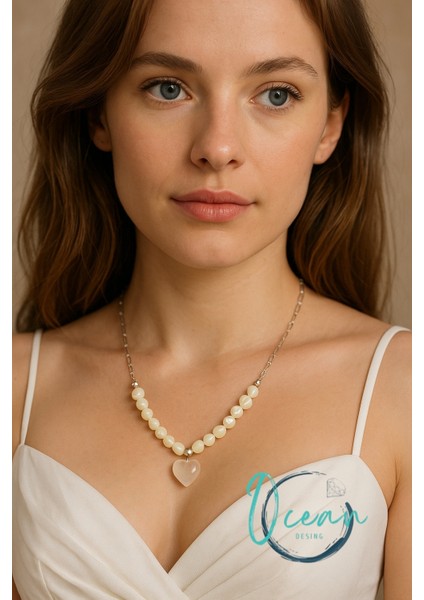 Sedef Özel Tasarım Sedef Çelik Kolye Taşlı Kuvars Kalp Uçlu Kolye