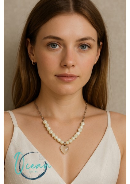 Sedef Özel Tasarım Sedef Çelik Kolye Taşlı Kuvars Kalp Uçlu Kolye modelleri