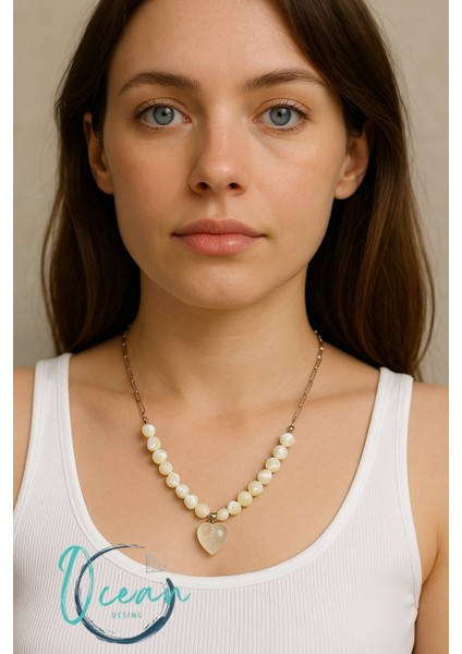 Sedef Özel Tasarım Sedef Çelik Kolye Taşlı Kuvars Kalp Uçlu Kolye fırsatları