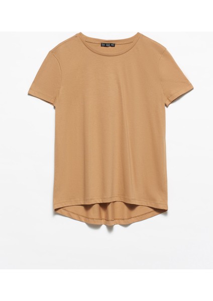3471 Bisiklet Yaka Basic T-Shirt-Koyu Camel