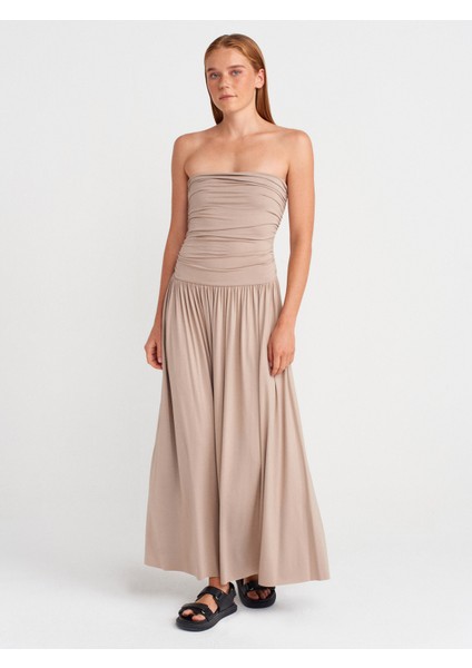 91496 Straplez Büzgülü Elbise-Koyu Taş