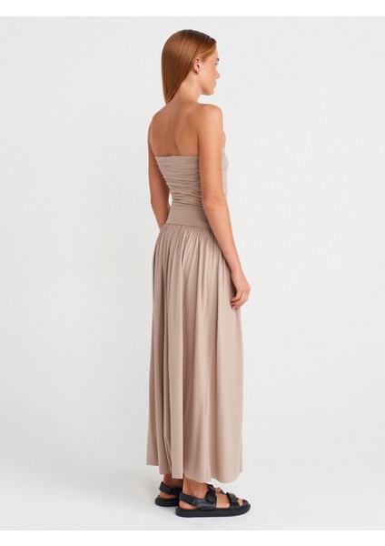 91496 Straplez Büzgülü Elbise-Koyu Taş fiyatları