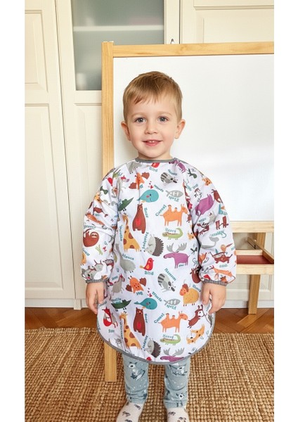 3-6 Yaş, Zoo, Cırtlı, Sıvı Geçirmez, Makinede Yıkanabilir, Uzun Kollu Çocuk Faaliyet Aktivite Mama Önlüğü