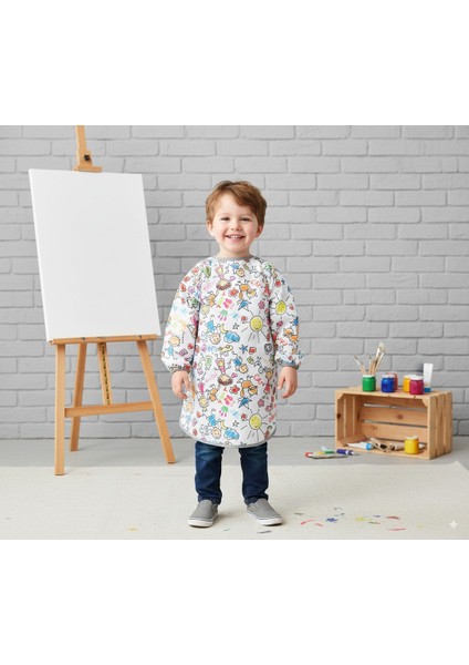 3-6 Yaş Family, Cırtlı, Sıvı Geçirmez, Makinede Yıkanabilir, Uzun Kollu Çocuk Faaliyet Aktivite Mama Önlüğü