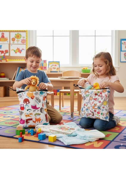 2 Adet, 37 x 30 Cm, Family ve Zoo Desen, Sıvı Geçirmeyen Çok Amaçlı Çanta, Ekonomik Set, Yıkanabilir