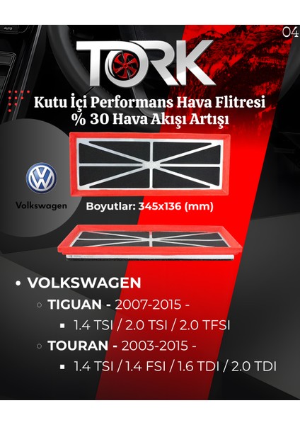 Vw-Tıguan-Touran (1.4 Tsi-1.6 Tdi-2.0 Tdi) Kutu Içi Performans Hava Filtresi (%30 Hava Akış Artışı)