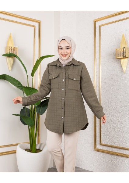 Kadın Cep Detaylı Kapitone Kumaş Çıtçıtlı Haki Tunik