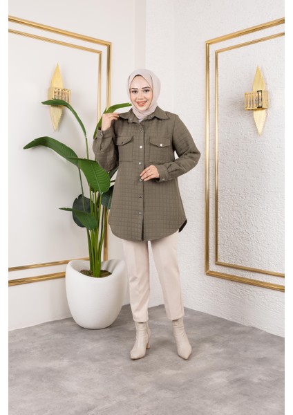 Kadın Cep Detaylı Kapitone Kumaş Çıtçıtlı Haki Tunik fiyatları