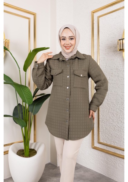 Kadın Cep Detaylı Kapitone Kumaş Çıtçıtlı Haki Tunik modelleri