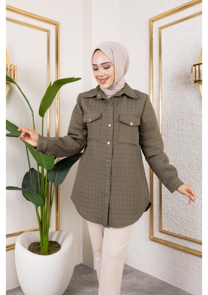 Kadın Cep Detaylı Kapitone Kumaş Çıtçıtlı Haki Tunik indirimleri