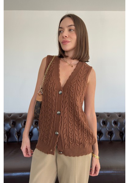 Saç Örgülü Premium Triko Yelek- Kahverengi fiyatları
