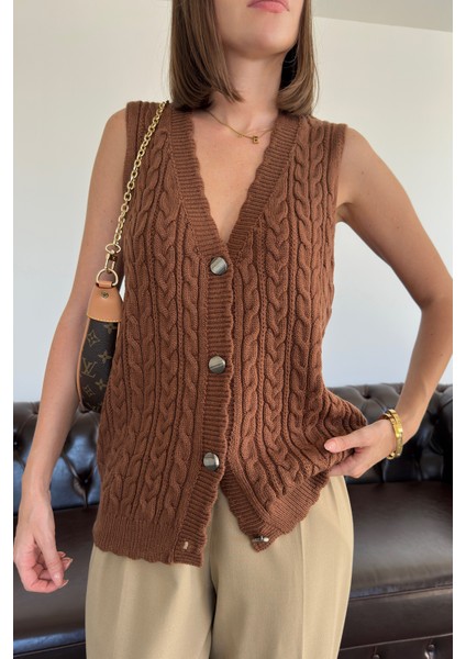 Saç Örgülü Premium Triko Yelek- Kahverengi modelleri