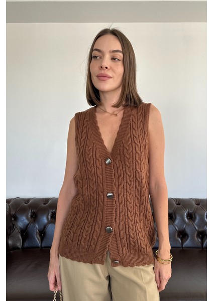 Saç Örgülü Premium Triko Yelek- Kahverengi fırsatları