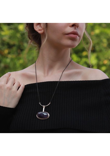 Oval Ametist Taşlı Zinciri Oksitli Otantik Gümüş Kolye