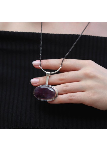 Oval Ametist Taşlı Zinciri Oksitli Otantik Gümüş Kolye fiyatları