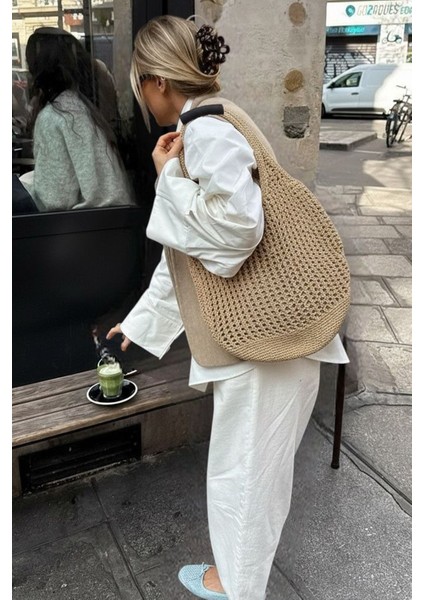 Kadın Camel Crochet Edition Örgü Tote Omuz Çantası