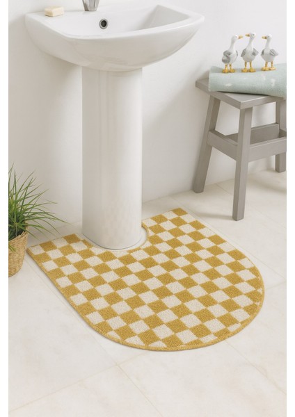 Dama Desenli Kaymaz Taban Yıkanabilir 80X50 cm Tekli Oval Banyo Lavabo Paspası Chess