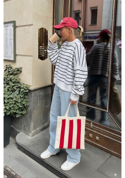 Kadın Kırmızı Stripes Örgü Tote Omuz Çantası