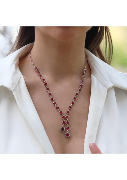 Kök Yakut Taşlı Su Yolu Otantik Gümüş Kolye