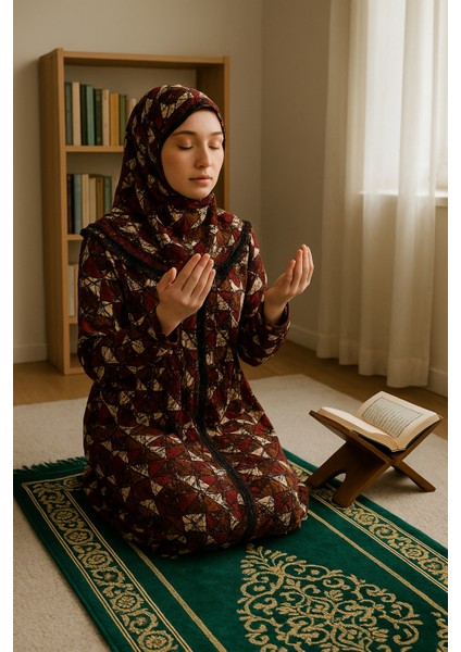 Boydan Fermuarlı Kendinden Başörtülü Desenli Kadın Namaz Elbisesi
