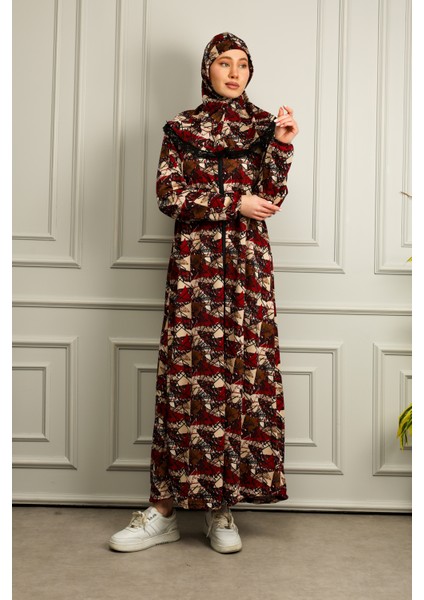 Boydan Fermuarlı Kendinden Başörtülü Desenli Kadın Namaz Elbisesi fiyatları