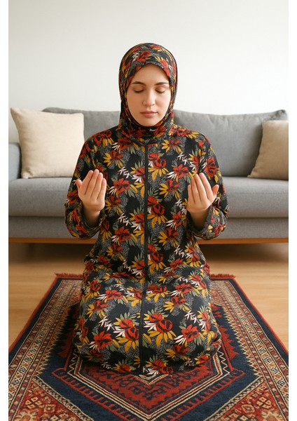 Boydan Fermuarlı Kendinden Başörtülü Desenli Kadın Namaz Elbisesi
