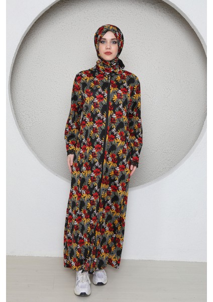 Boydan Fermuarlı Kendinden Başörtülü Desenli Kadın Namaz Elbisesi fiyatları