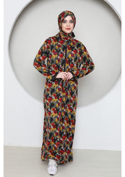 Boydan Fermuarlı Kendinden Başörtülü Desenli Kadın Namaz Elbisesi modelleri