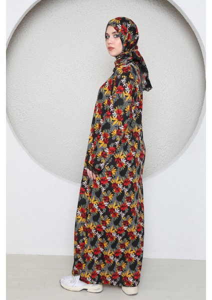 Boydan Fermuarlı Kendinden Başörtülü Desenli Kadın Namaz Elbisesi fırsatları