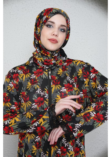 Boydan Fermuarlı Kendinden Başörtülü Desenli Kadın Namaz Elbisesi indirimleri