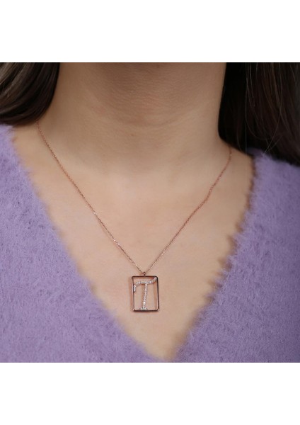 T Harfi Zirkon Taşlı Rose Gold Kaplama Çerçeveli Gümüş Kolye fiyatları