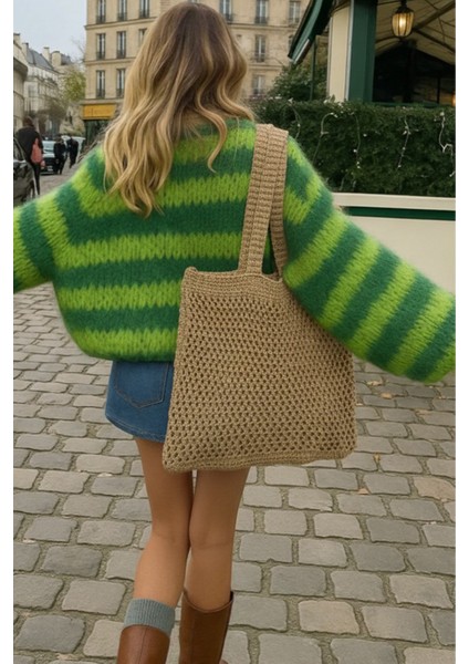Kadın Camel Crochet Edition Örgü Tote Omuz Çantası