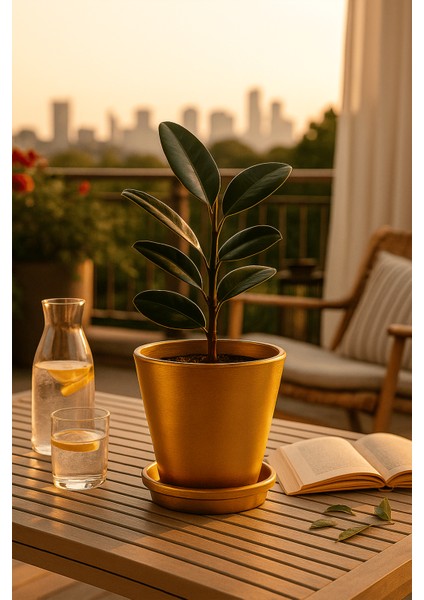 Tabaklı Altın Konik Çömlek Saksı 23X23 cm