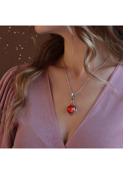 Kırmızı Mercan Taşlı El Işi Otantik 925 Ayar Gümüş Kolye fiyatları