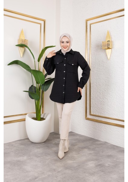 Kadın Cep Detaylı Kapitone Kumaş Çıtçıtlı Siyah Tunik fiyatları