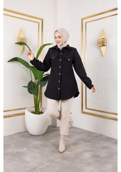 Kadın Cep Detaylı Kapitone Kumaş Çıtçıtlı Siyah Tunik indirimleri