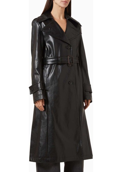 Siyah Bedenli Kaban - Suni Deri - %100 Polyester - Ayarlanabilir Kemerli, Şık Tasarım