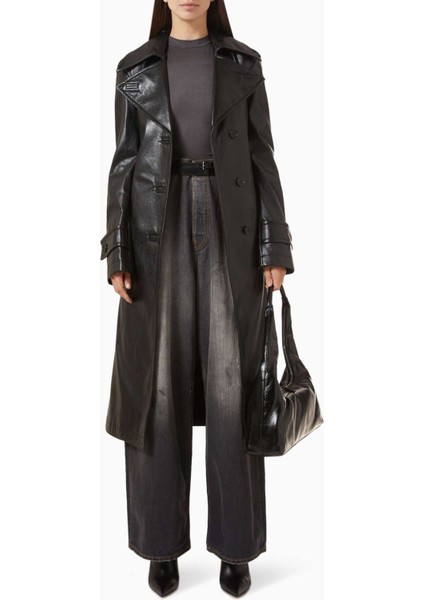 Siyah Bedenli Kaban - Suni Deri - %100 Polyester - Ayarlanabilir Kemerli, Şık Tasarım modelleri