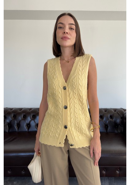 Saç Örgülü Premium Triko Yelek- Sarı