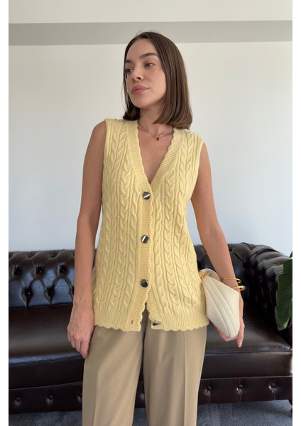 Saç Örgülü Premium Triko Yelek- Sarı fiyatları
