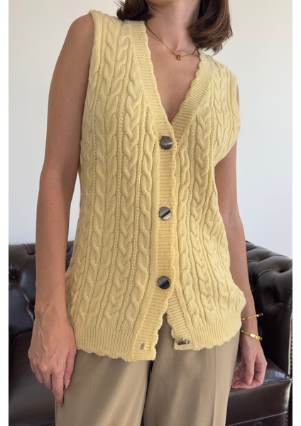 Saç Örgülü Premium Triko Yelek- Sarı modelleri
