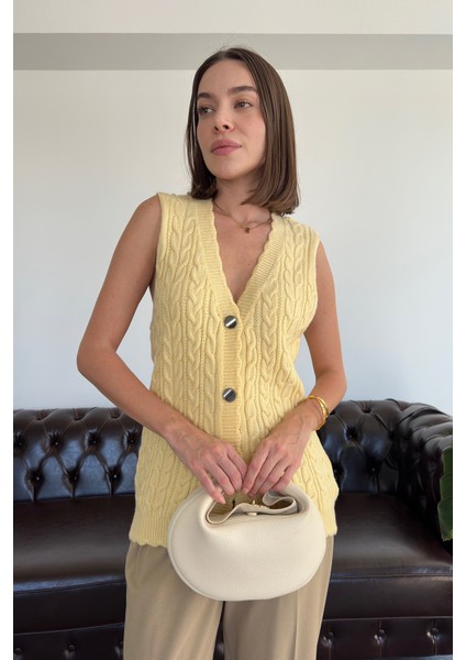 Saç Örgülü Premium Triko Yelek- Sarı fırsatları