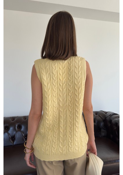 Saç Örgülü Premium Triko Yelek- Sarı indirimleri