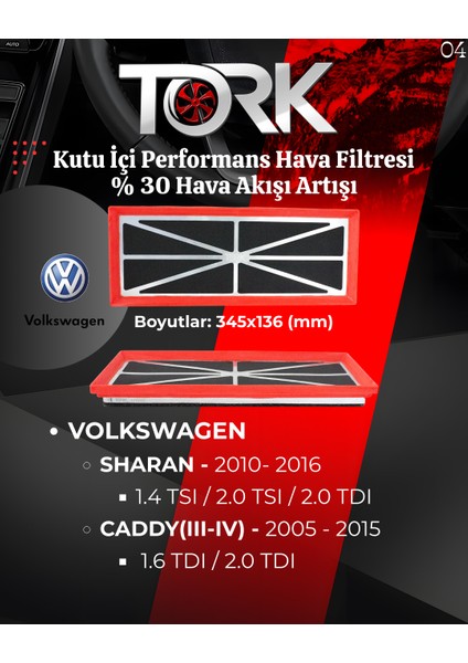 Vw-Sharan-Caddy (1.4 Tsi-1.6 Tdi-2.0 Tdi) Performans Hava Filtresi-(%30 Hava Akış Artışı)