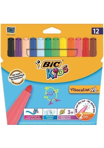 BİC KİDS Visacolor XL Jumbo 12'li Yıkanabilir Keçeli Kalem Seti Çocuklar İçin Canlı Renkler