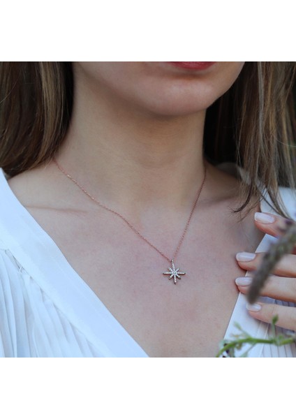 Kutup Yıldızı Zirkon Taşlı Rose Gold Kaplama Gümüş Kolye