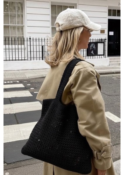 Kadın Siyah Crochet Edition Örgü Tote Omuz Çantası