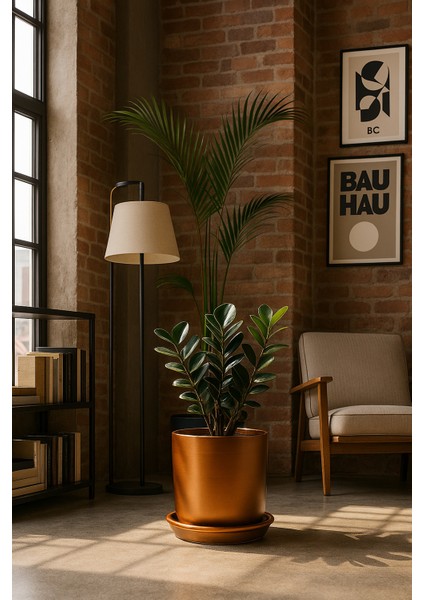 Tabaklı Bronz Silindirik Çömlek Saksı 15X15 cm