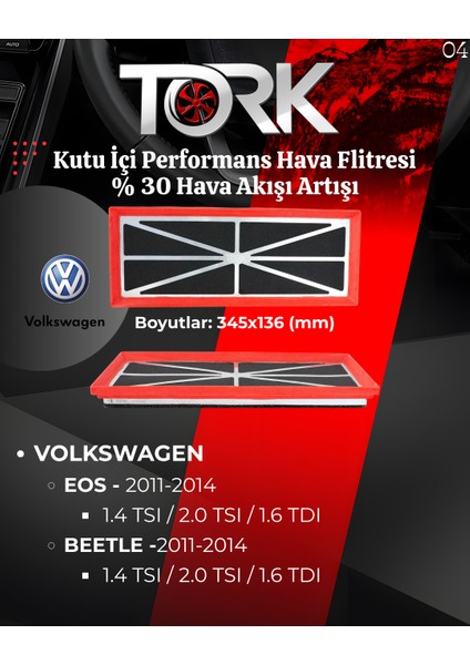 Vw-Beetle, Eos (1.4 Tsi-1.6 Tdi-2.0 Tdi)-Kutu Içi Performans Hava Filtresi (%30 Hava Akış Artışı)